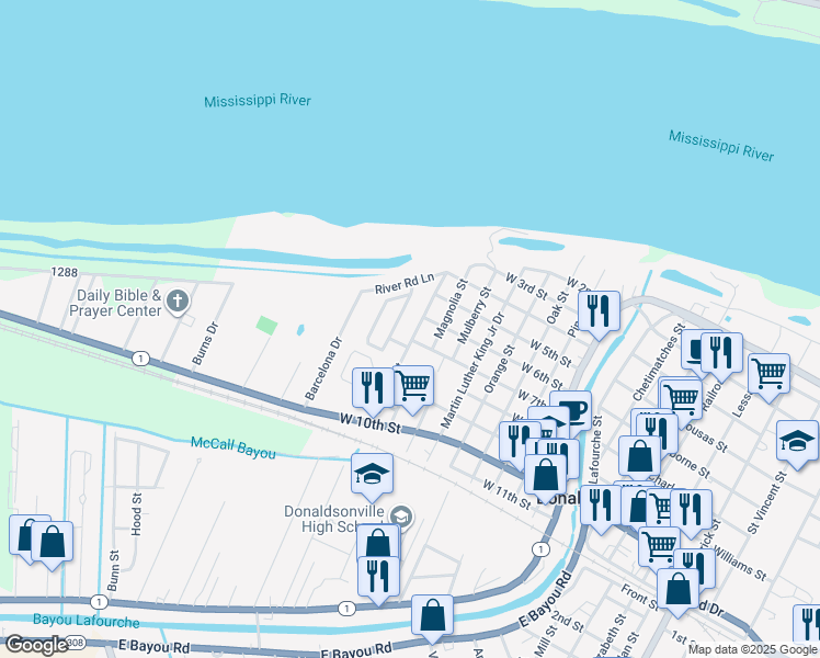 map of restaurants, bars, coffee shops, grocery stores, and more near 700 Catalpa Street in Donaldsonville
