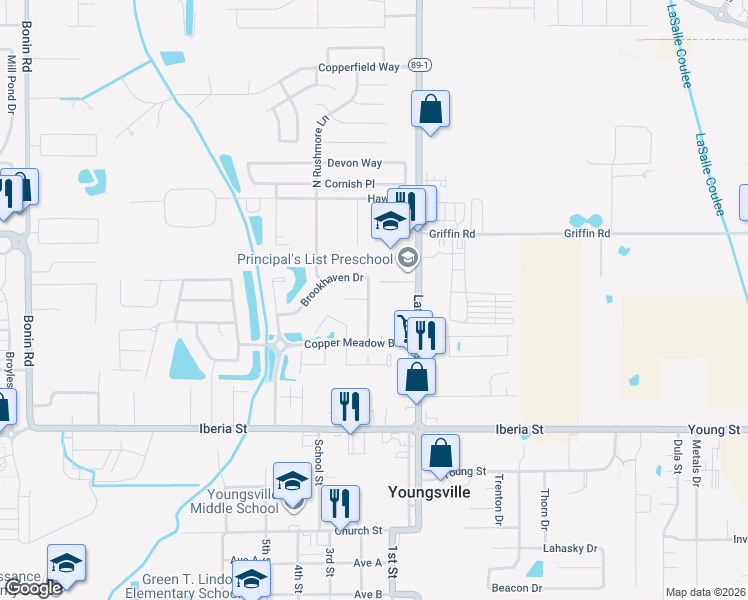 map of restaurants, bars, coffee shops, grocery stores, and more near 305 Brookhaven Drive in Youngsville