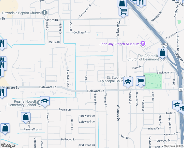 map of restaurants, bars, coffee shops, grocery stores, and more near 4640 Dunleith Street in Beaumont