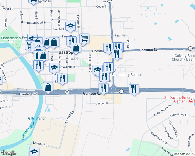 map of restaurants, bars, coffee shops, grocery stores, and more near 601 Martin Luther King Drive in Bastrop