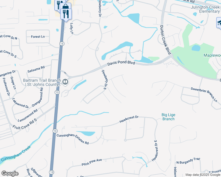 map of restaurants, bars, coffee shops, grocery stores, and more near 1108 Buckbean Branch Lane East in Jacksonville