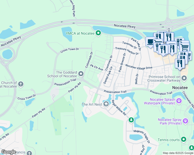 map of restaurants, bars, coffee shops, grocery stores, and more near 423 Daniel Park Circle in Nocatee