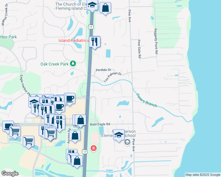 map of restaurants, bars, coffee shops, grocery stores, and more near 469 San Clementi Drive in Fleming Island