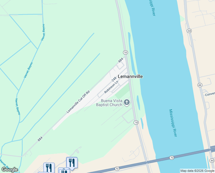 map of restaurants, bars, coffee shops, grocery stores, and more near 3166 Robinson Lane in Donaldsonville