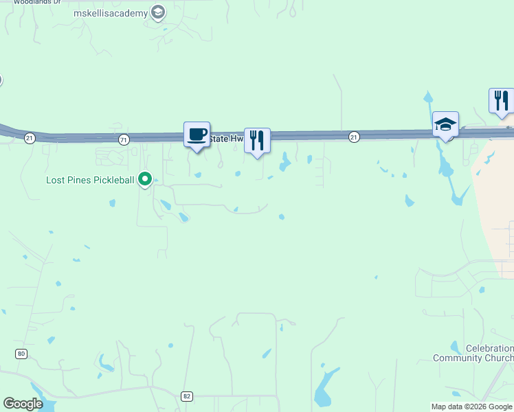 map of restaurants, bars, coffee shops, grocery stores, and more near 136 Red Fox Lane in Bastrop