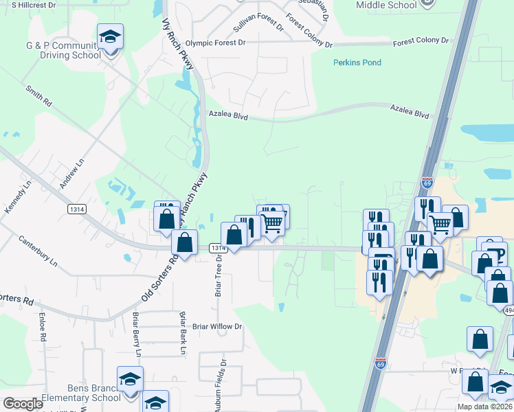 map of restaurants, bars, coffee shops, grocery stores, and more near 23473 Partners Way in Porter