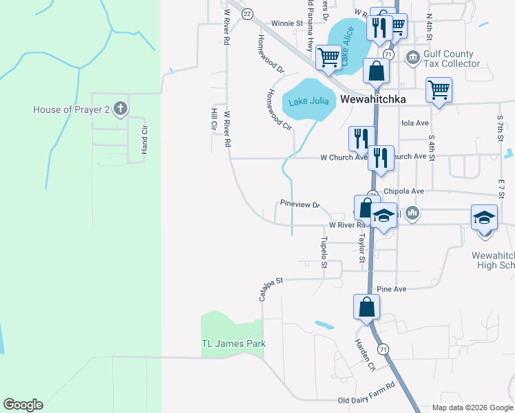 map of restaurants, bars, coffee shops, grocery stores, and more near 673 West River Road in Wewahitchka
