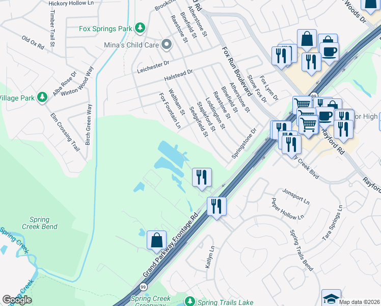 map of restaurants, bars, coffee shops, grocery stores, and more near 2121 Riley Fuzzell Road in Spring