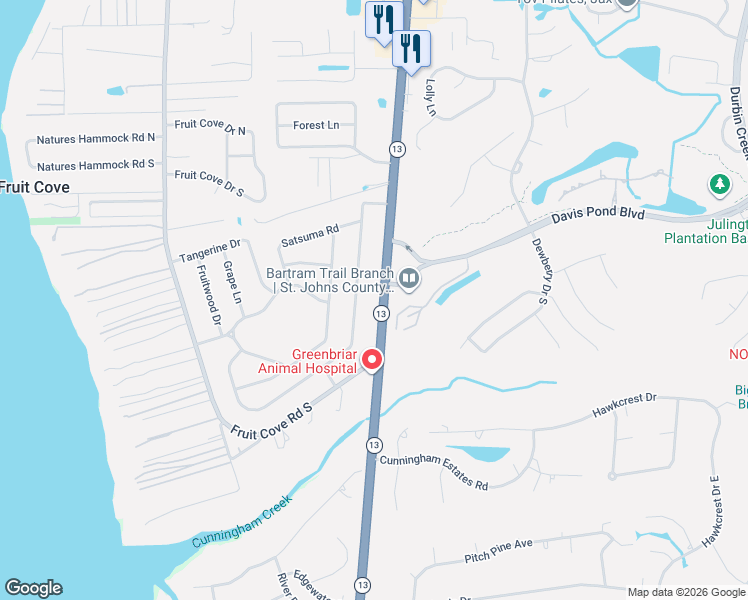 map of restaurants, bars, coffee shops, grocery stores, and more near 950 State Road 13 in Fruit Cove