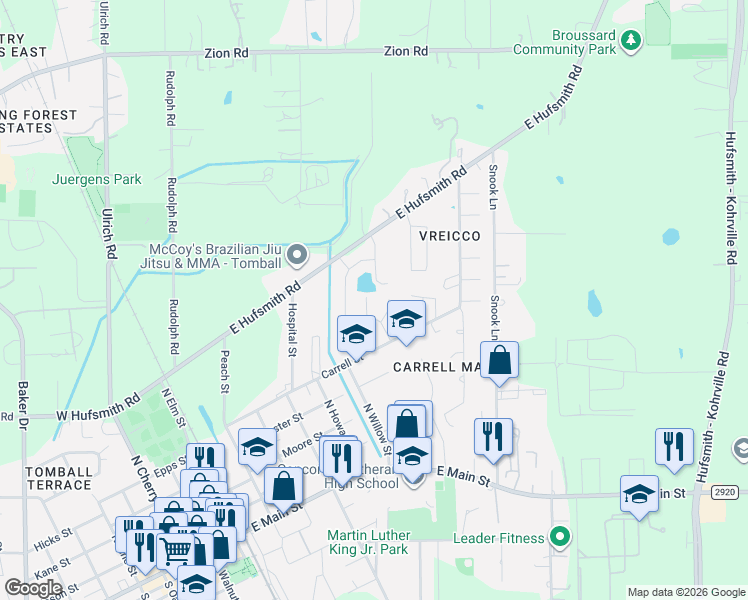 map of restaurants, bars, coffee shops, grocery stores, and more near 710 East Hufsmith Road in Tomball