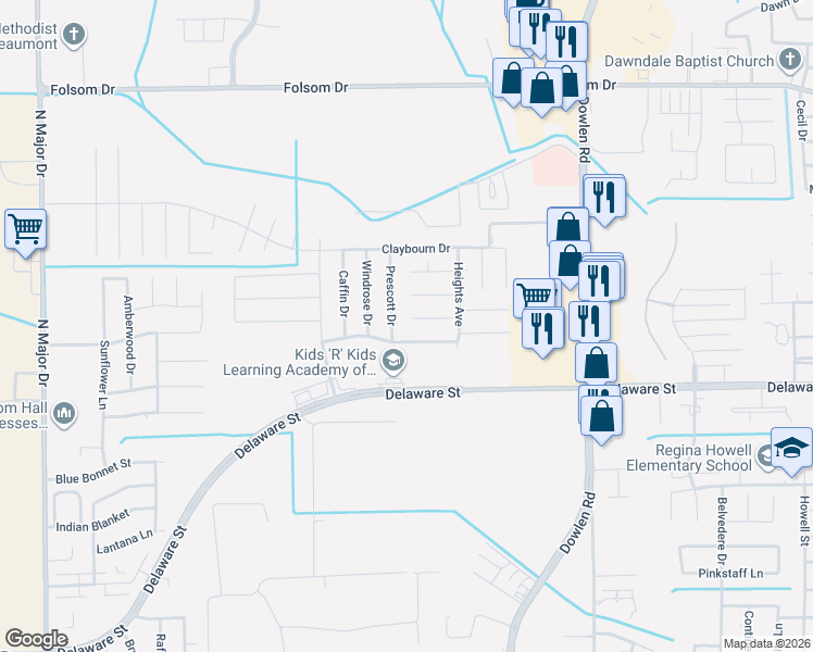 map of restaurants, bars, coffee shops, grocery stores, and more near 6390 Ellington Lane in Beaumont