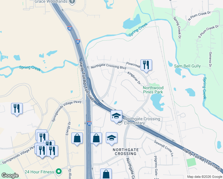 map of restaurants, bars, coffee shops, grocery stores, and more near 23770 Spring Crossing Boulevard in Spring