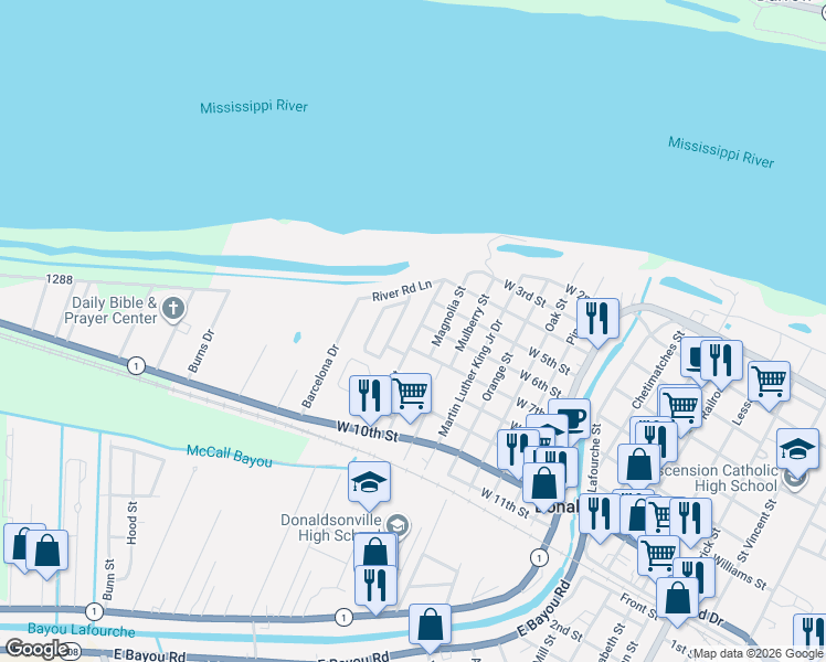 map of restaurants, bars, coffee shops, grocery stores, and more near 700 Catalpa Street in Donaldsonville