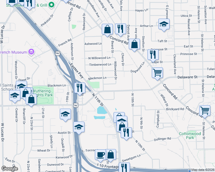 map of restaurants, bars, coffee shops, grocery stores, and more near 3000-3020 Minglewood Dr in Beaumont
