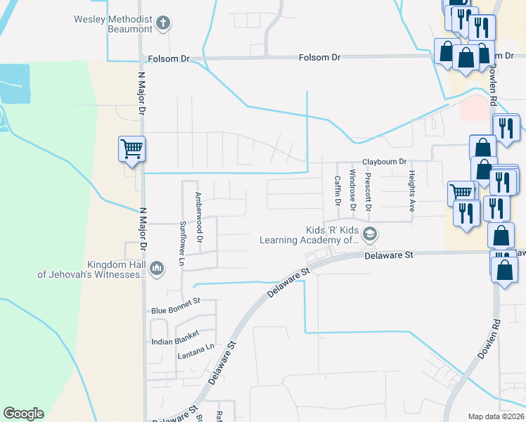 map of restaurants, bars, coffee shops, grocery stores, and more near 6585 Truxton Lane in Beaumont