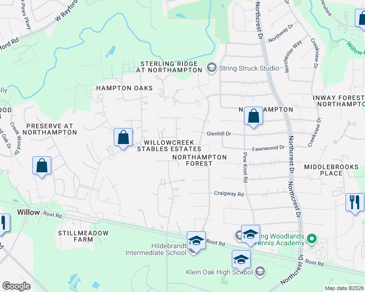 map of restaurants, bars, coffee shops, grocery stores, and more near 23310 Fox Run Street in Spring