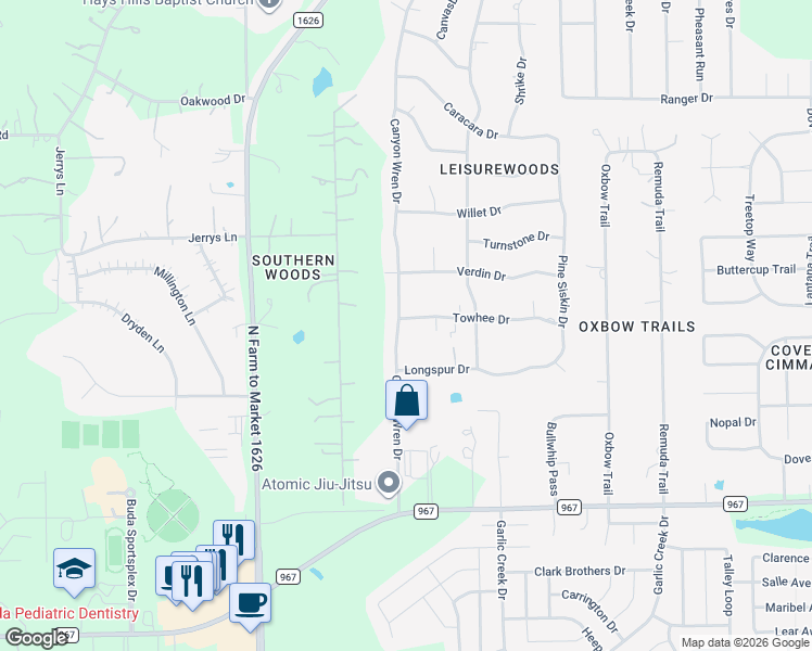 map of restaurants, bars, coffee shops, grocery stores, and more near 201 Towhee Drive in Buda