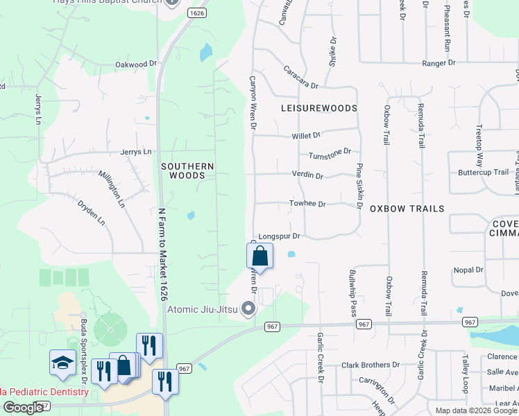 map of restaurants, bars, coffee shops, grocery stores, and more near 201 Towhee Drive in Buda