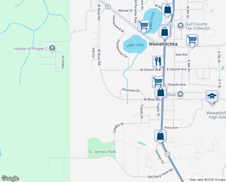 map of restaurants, bars, coffee shops, grocery stores, and more near 673 W River Rd in Wewahitchka