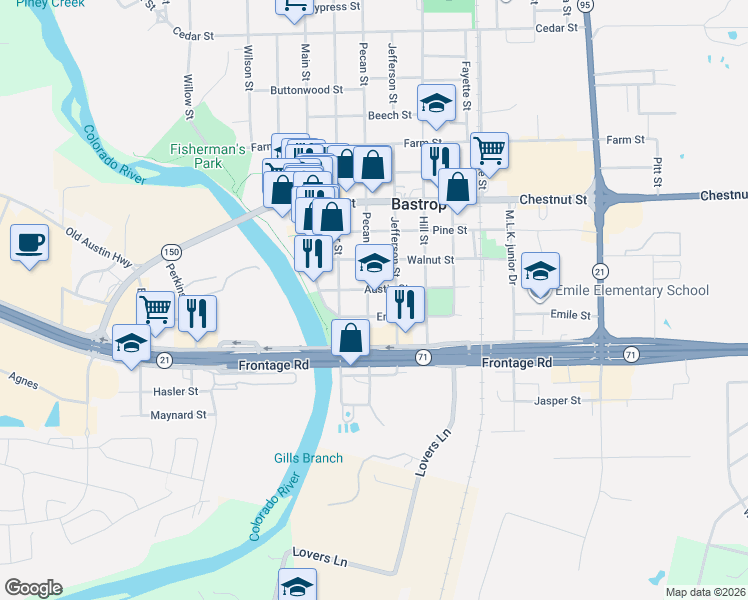 map of restaurants, bars, coffee shops, grocery stores, and more near 603 Pecan Street in Bastrop