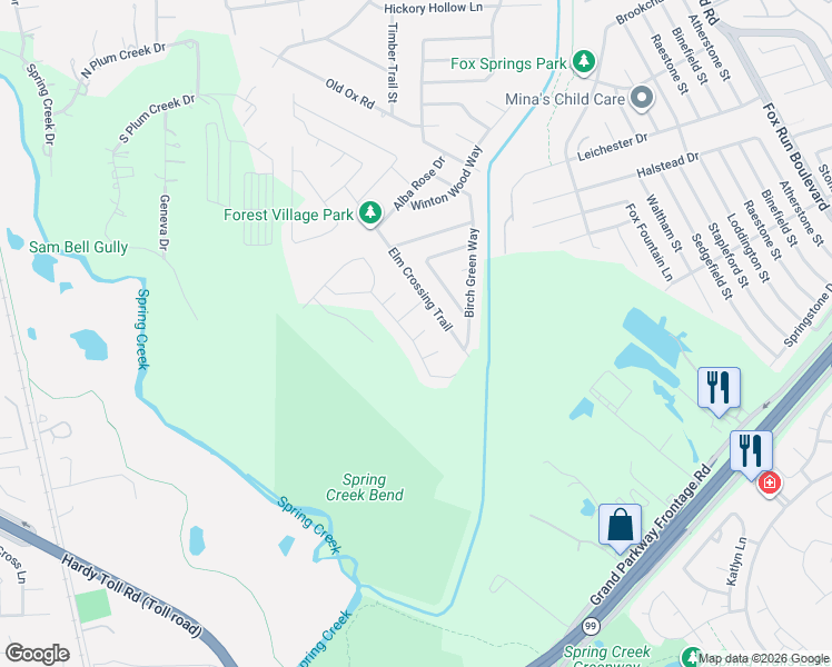 map of restaurants, bars, coffee shops, grocery stores, and more near 2622 Magnolia Fair Way in Spring