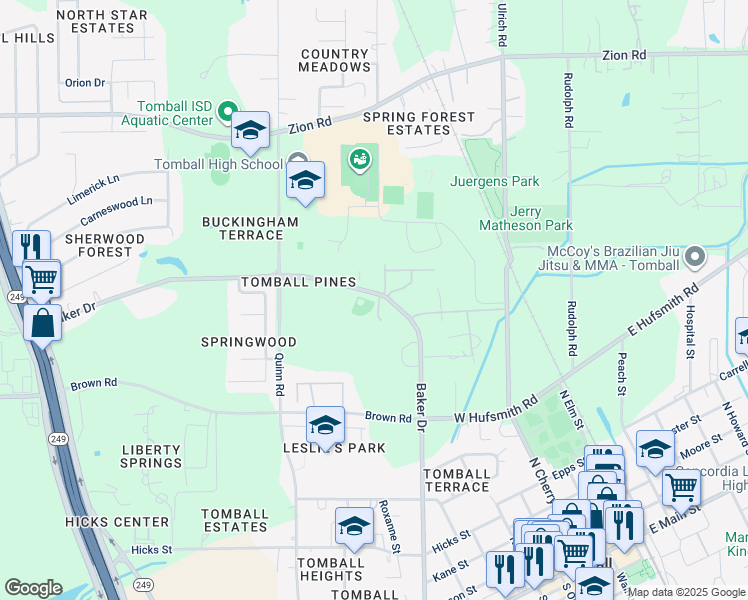 map of restaurants, bars, coffee shops, grocery stores, and more near 922 Baker Drive in Tomball