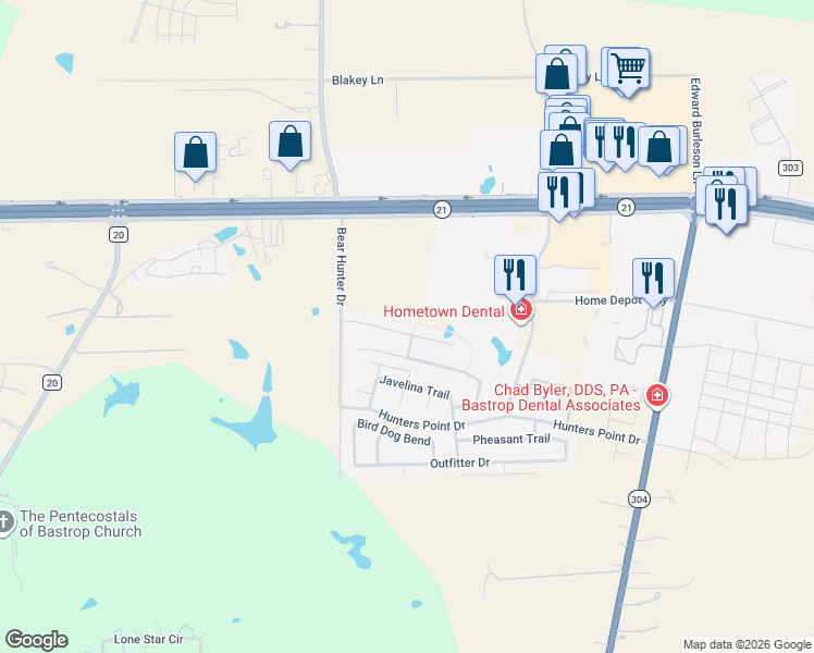 map of restaurants, bars, coffee shops, grocery stores, and more near 304 Pack Horse Drive in Bastrop
