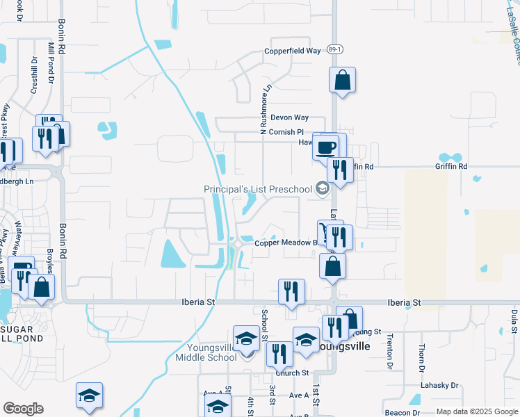 map of restaurants, bars, coffee shops, grocery stores, and more near Brookhaven Drive in Youngsville