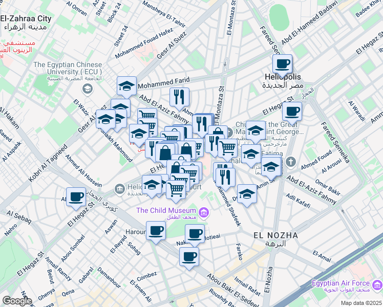 map of restaurants, bars, coffee shops, grocery stores, and more near El Hegaz Street in Masr Al Jadidah