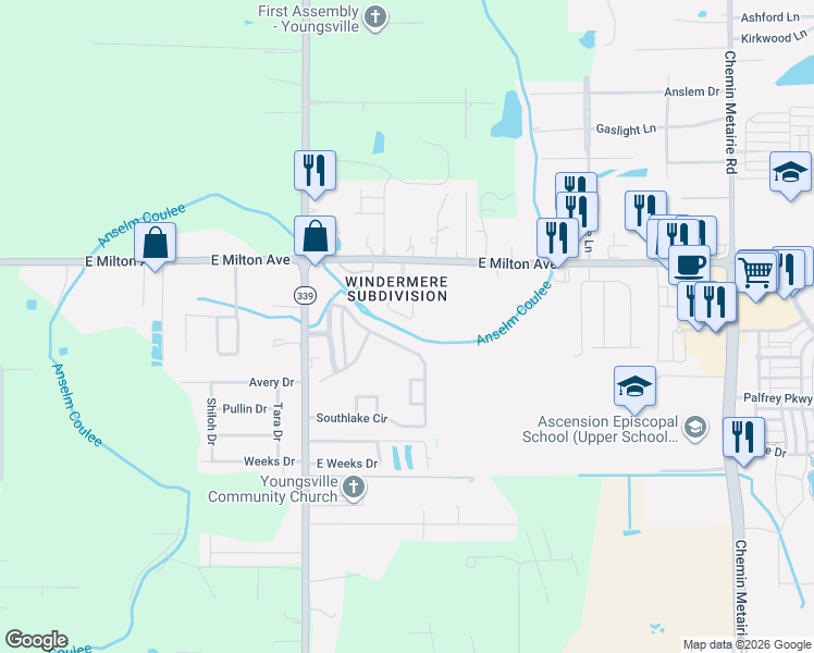 map of restaurants, bars, coffee shops, grocery stores, and more near 610 Southlake Circle in Youngsville