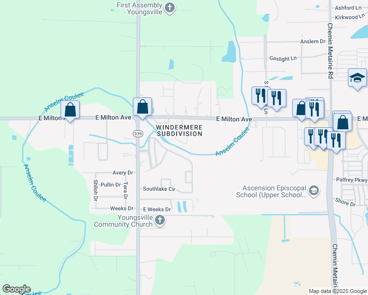 map of restaurants, bars, coffee shops, grocery stores, and more near 610 Southlake Circle in Youngsville