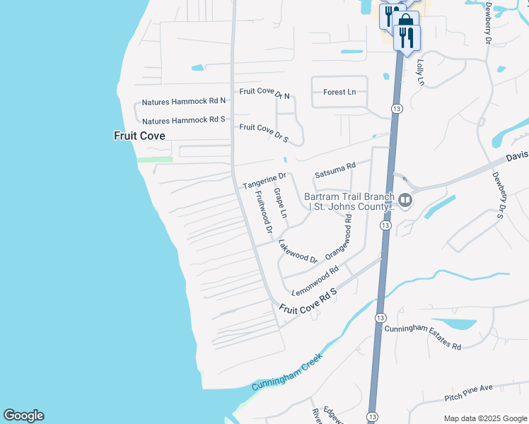 map of restaurants, bars, coffee shops, grocery stores, and more near 935 Fruitwood Drive in Jacksonville