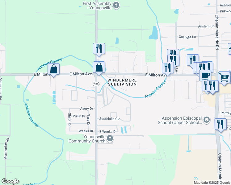 map of restaurants, bars, coffee shops, grocery stores, and more near 624 Southlake Circle in Youngsville