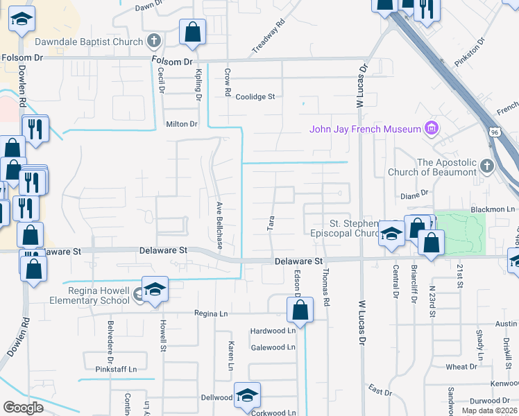 map of restaurants, bars, coffee shops, grocery stores, and more near 4710 Dunleith Street in Beaumont