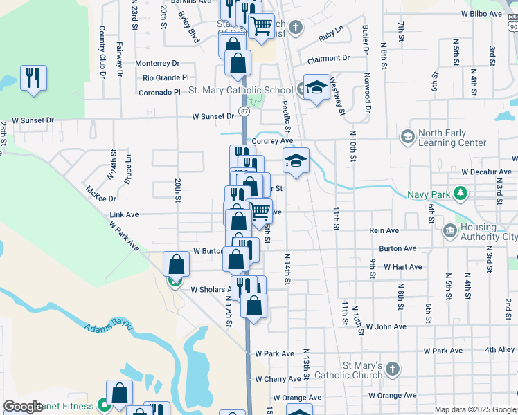 map of restaurants, bars, coffee shops, grocery stores, and more near 1600 North 16th Street in Orange