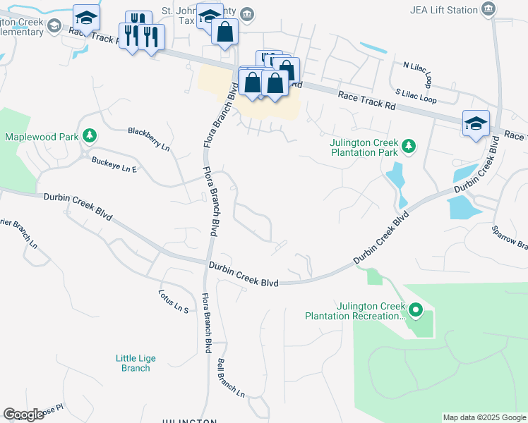 map of restaurants, bars, coffee shops, grocery stores, and more near 540 Redberry Lane in Jacksonville