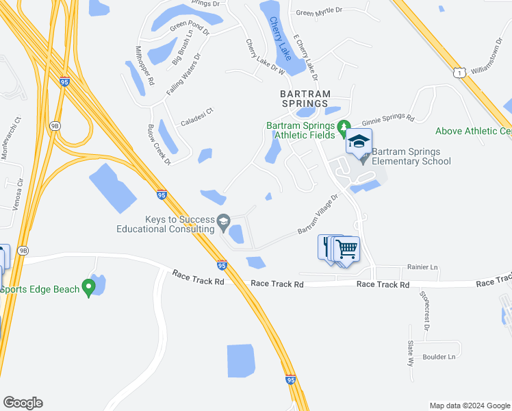 map of restaurants, bars, coffee shops, grocery stores, and more near 5876 Bartram Village Drive in Jacksonville