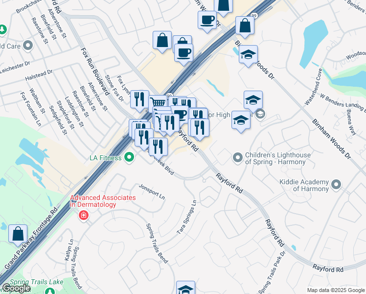 map of restaurants, bars, coffee shops, grocery stores, and more near 2626 Harmony Park Crossing in Spring