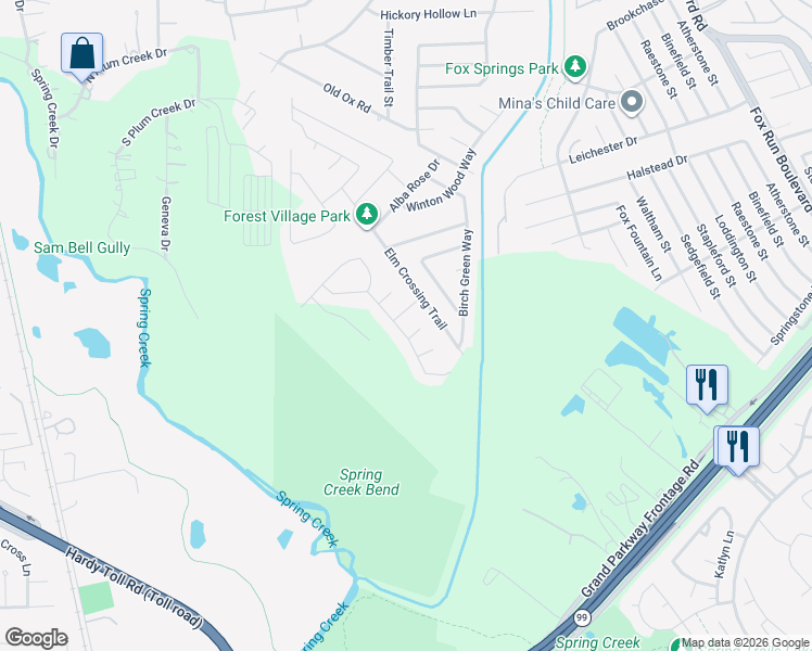 map of restaurants, bars, coffee shops, grocery stores, and more near 2622 Magnolia Fair Way in Spring