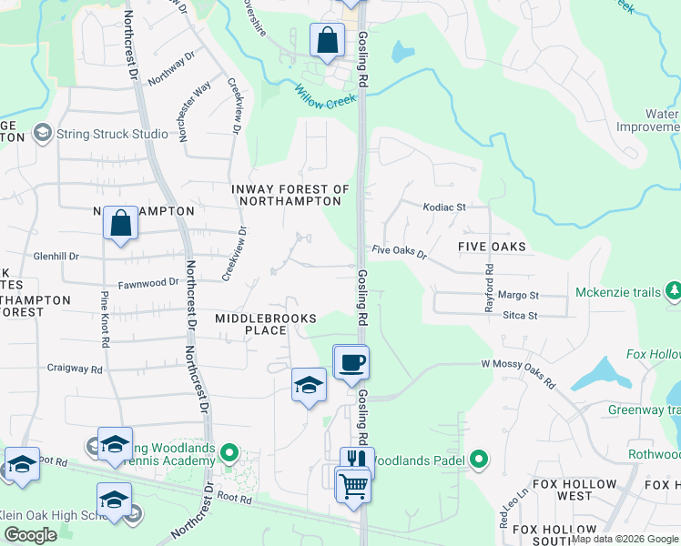 map of restaurants, bars, coffee shops, grocery stores, and more near 23529 Gosling Road in Spring