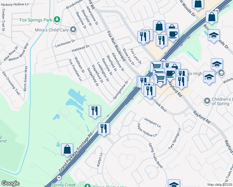 map of restaurants, bars, coffee shops, grocery stores, and more near 28703 Stapleford Street in Spring