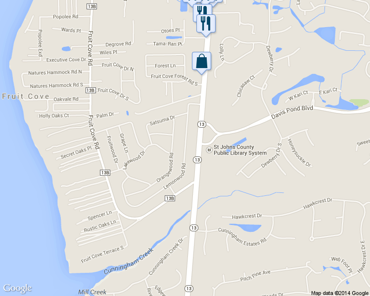 map of restaurants, bars, coffee shops, grocery stores, and more near 1571 Lemonwood Road in Saint Johns