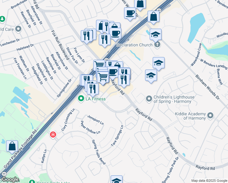 map of restaurants, bars, coffee shops, grocery stores, and more near 2625 Harmony Park Crossing in Spring
