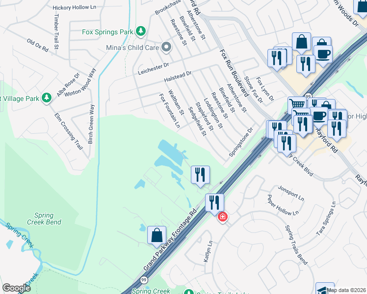 map of restaurants, bars, coffee shops, grocery stores, and more near 2237 Riley Fuzzel Road in Spring