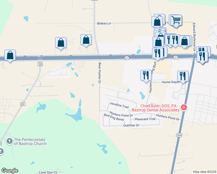 map of restaurants, bars, coffee shops, grocery stores, and more near 321 Wildcat Drive in Bastrop