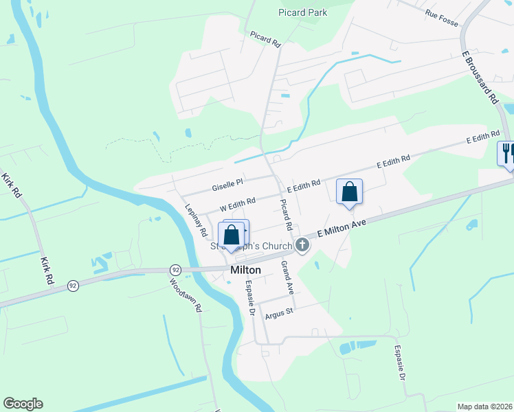 map of restaurants, bars, coffee shops, grocery stores, and more near 128-130 West Edith Road in Lafayette