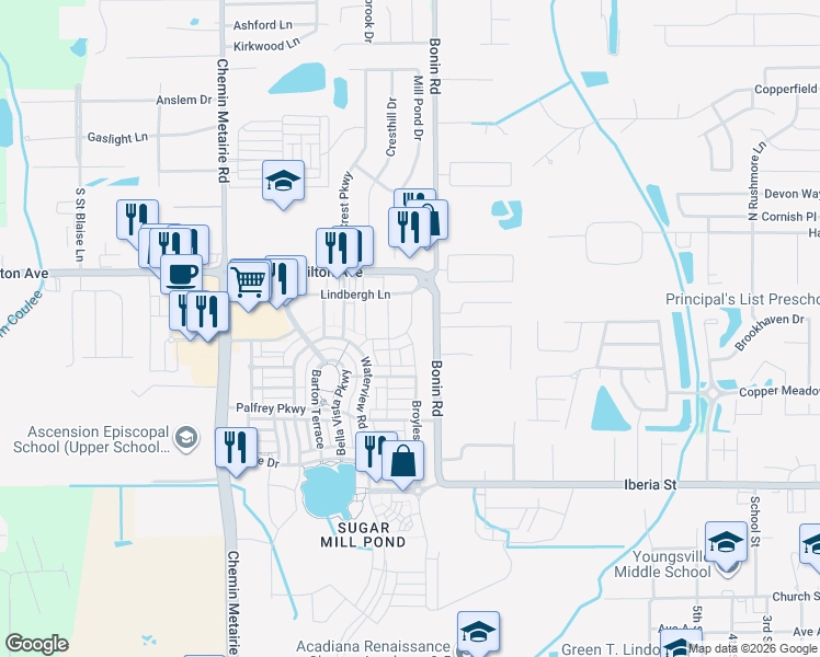 map of restaurants, bars, coffee shops, grocery stores, and more near 2642 Bonin Road in Youngsville