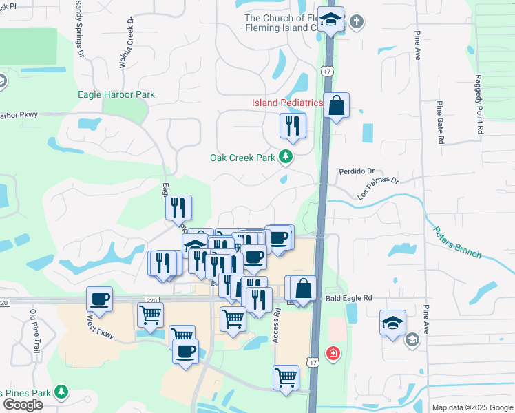 map of restaurants, bars, coffee shops, grocery stores, and more near Denmark Drive in Orange Park