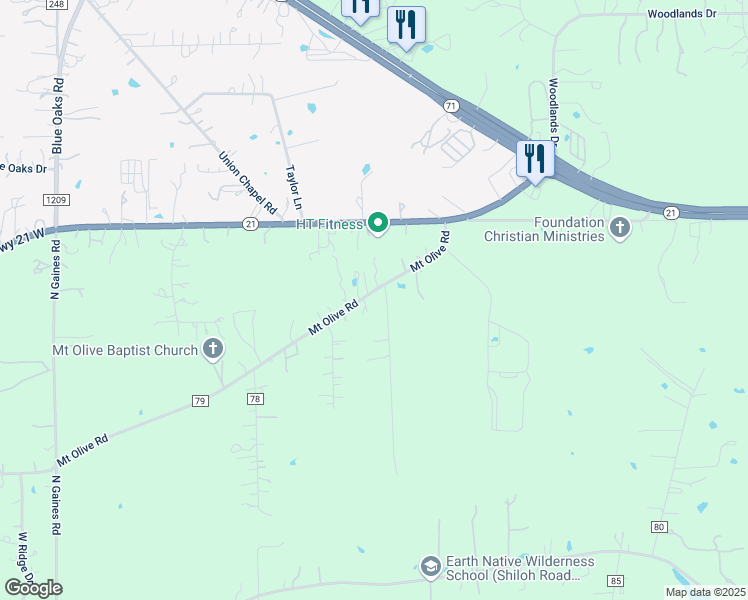 map of restaurants, bars, coffee shops, grocery stores, and more near 135 Mount Olive Road in Cedar Creek
