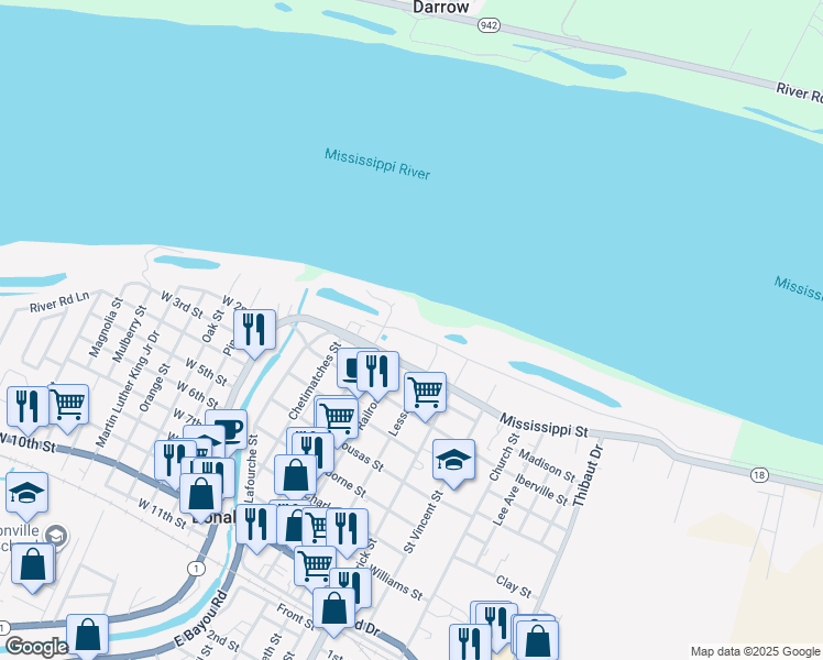 map of restaurants, bars, coffee shops, grocery stores, and more near 312 Mississippi Street in Donaldsonville